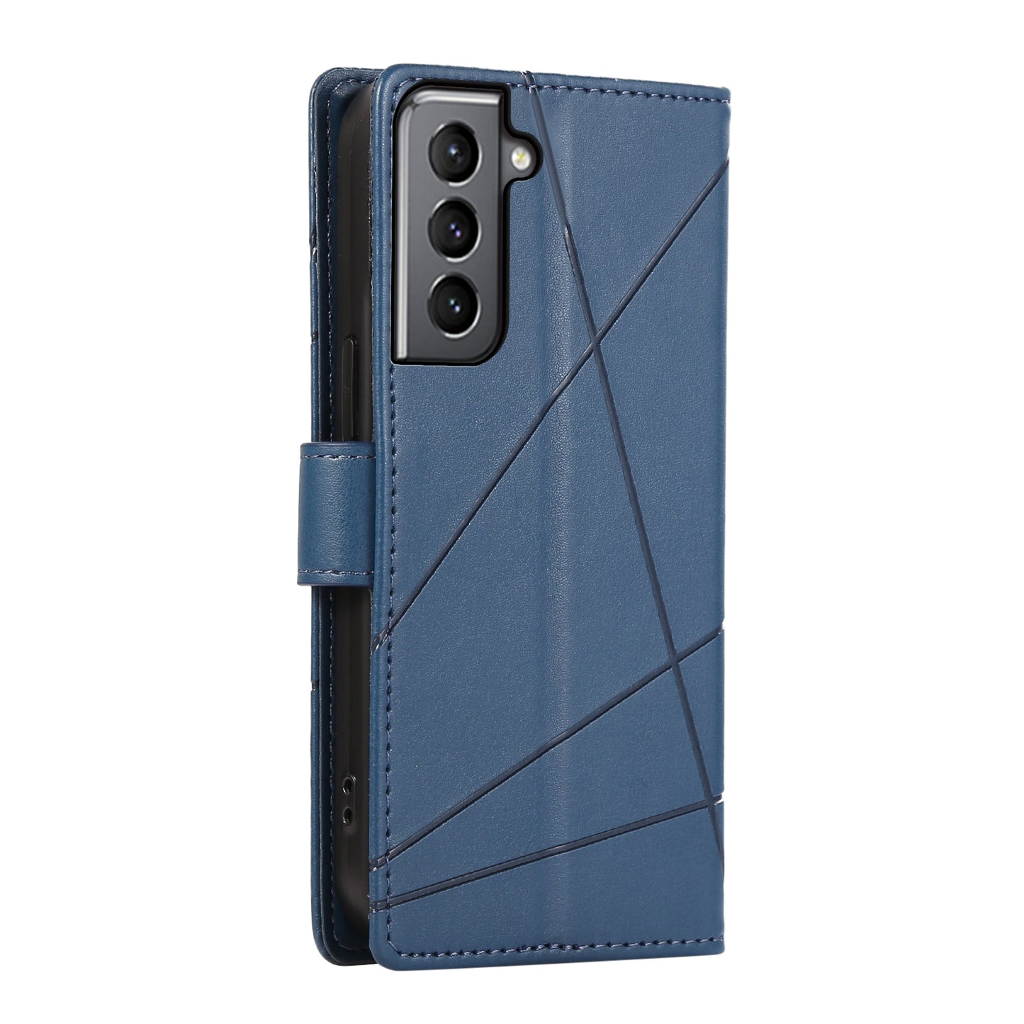 Samsung Galaxy S21 5G PU Genuine Leather Texture Embossed Line Phone Case with Card Wallet, Kickstand & Wrist Strap