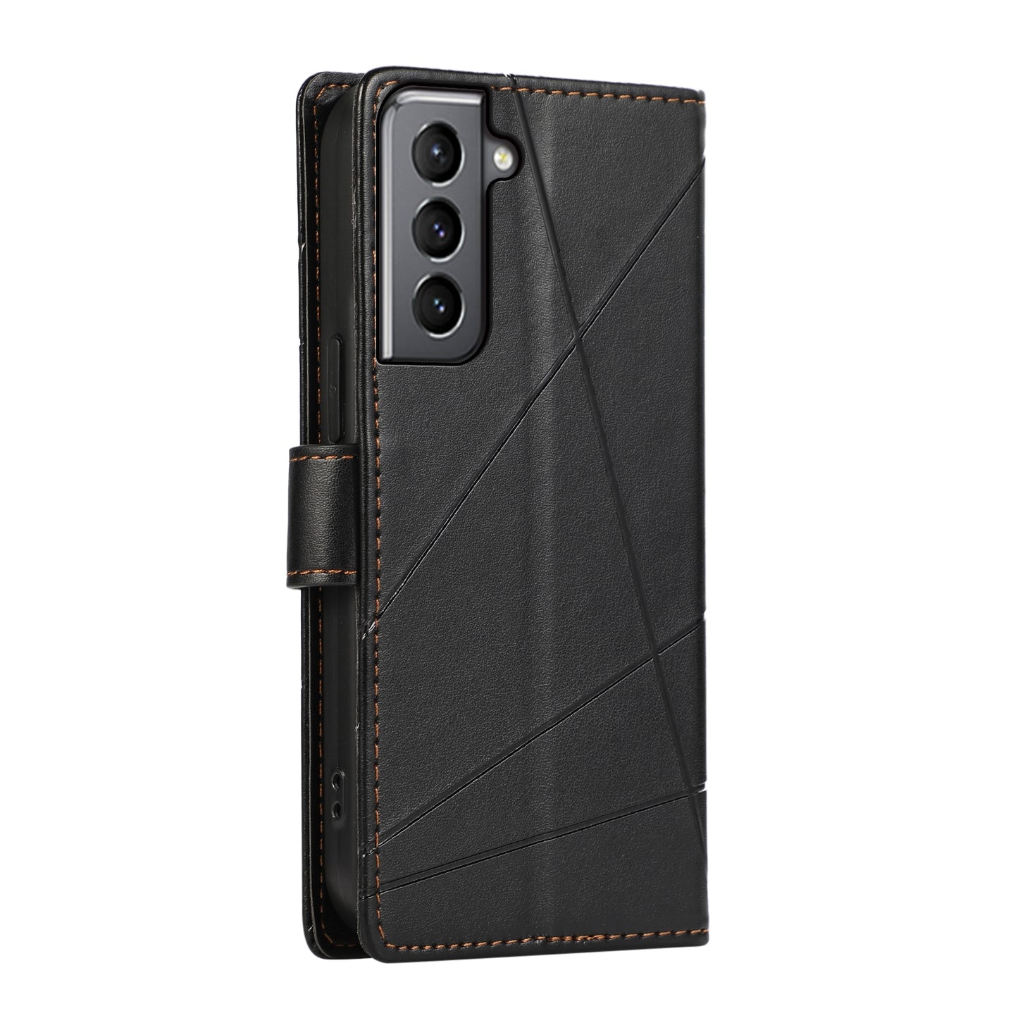 Samsung Galaxy S21 5G PU Genuine Leather Texture Embossed Line Phone Case with Card Wallet, Kickstand & Wrist Strap