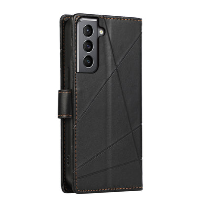 Samsung Galaxy S21 5G PU Genuine Leather Texture Embossed Line Phone Case with Card Wallet, Kickstand & Wrist Strap