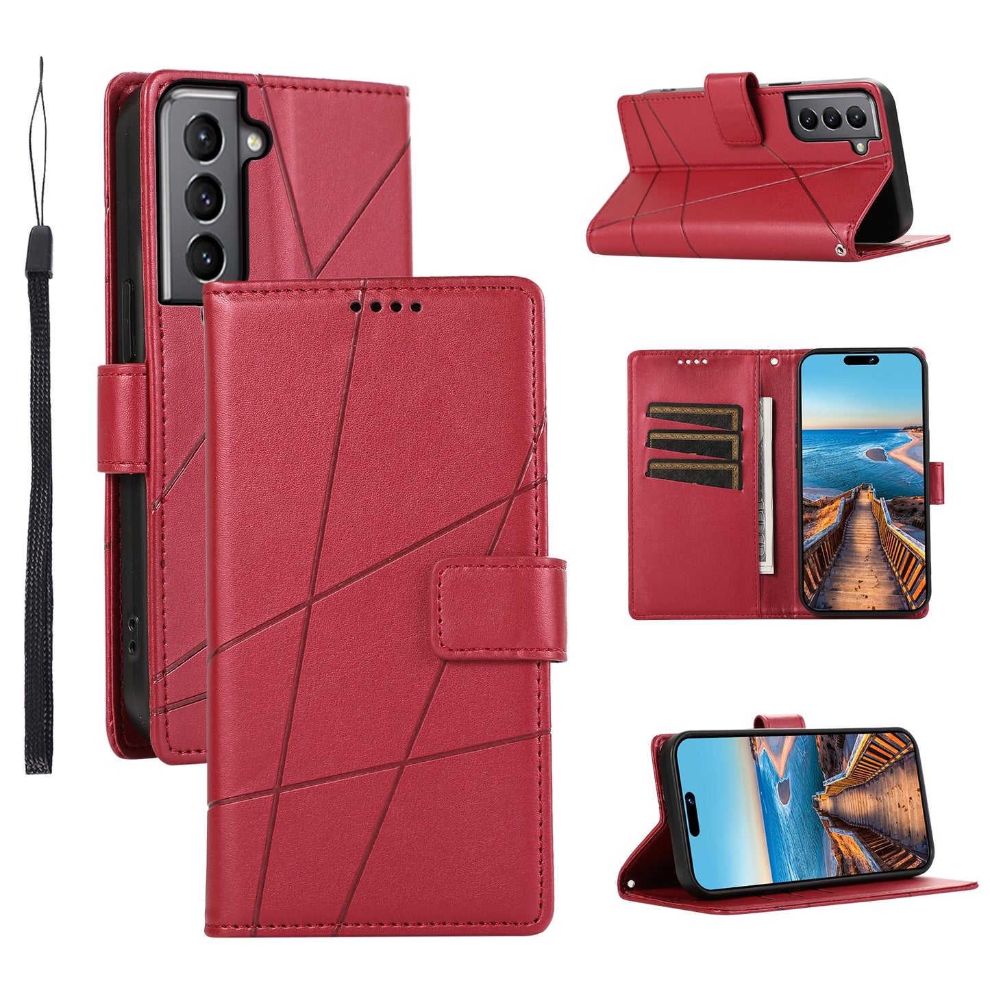 Samsung Galaxy S21 5G PU Genuine Leather Texture Embossed Line Phone Case with Card Wallet, Kickstand & Wrist Strap
