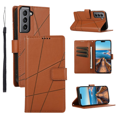 Samsung Galaxy S21 5G PU Genuine Leather Texture Embossed Line Phone Case with Card Wallet, Kickstand & Wrist Strap