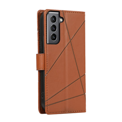 Samsung Galaxy S21 5G PU Genuine Leather Texture Embossed Line Phone Case with Card Wallet, Kickstand & Wrist Strap