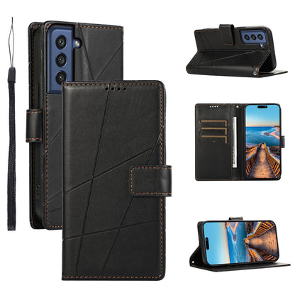 Samsung Galaxy S21 FE 5G PU Genuine Leather Texture Embossed Line Phone Case with Card Wallet, Kickstand & Wrist Strap