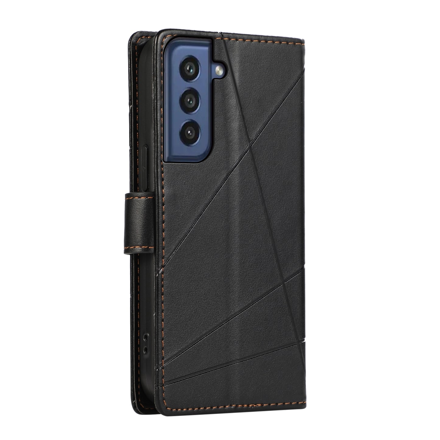 Samsung Galaxy S21 FE 5G PU Genuine Leather Texture Embossed Line Phone Case with Card Wallet, Kickstand & Wrist Strap