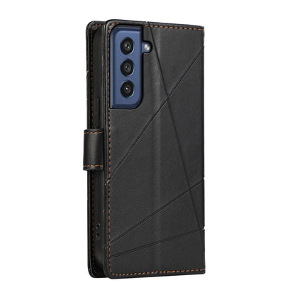 Samsung Galaxy S21 FE 5G PU Genuine Leather Texture Embossed Line Phone Case with Card Wallet, Kickstand & Wrist Strap