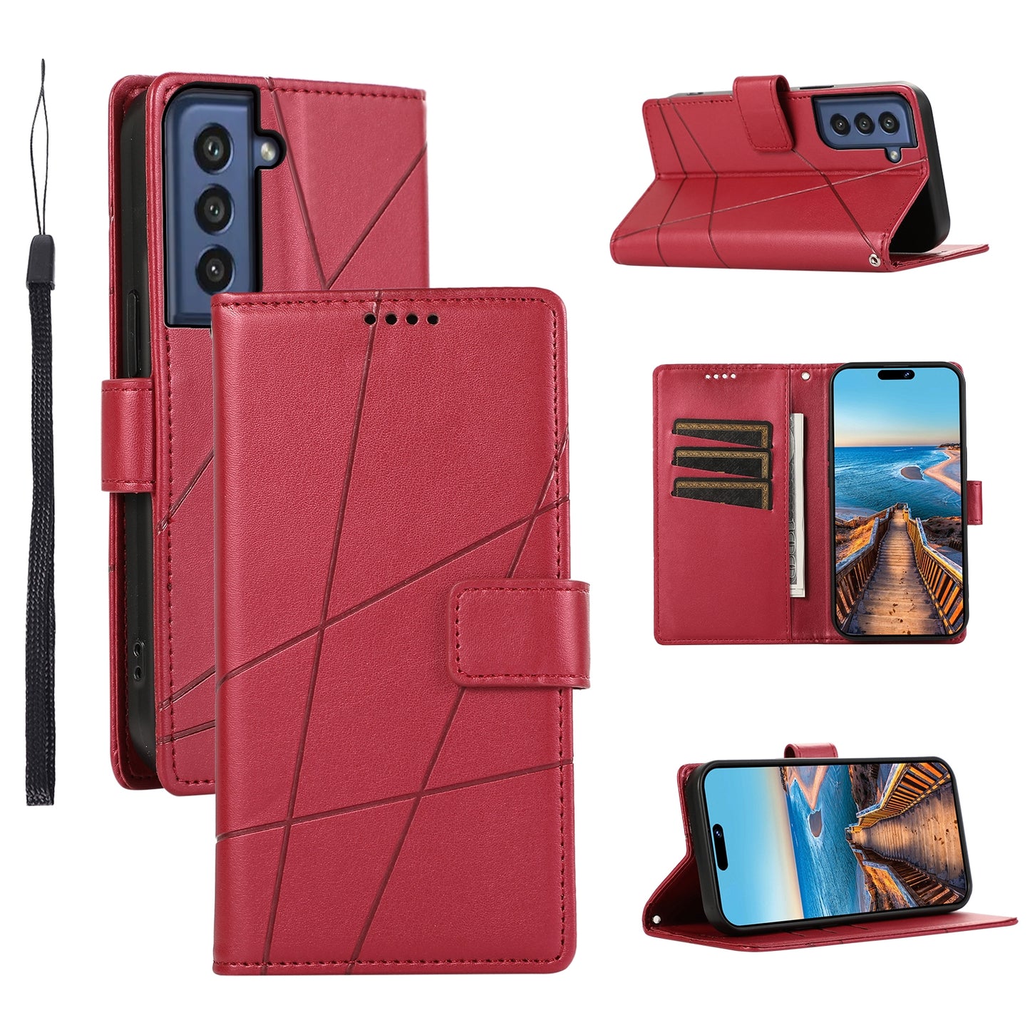 Samsung Galaxy S21 FE 5G PU Genuine Leather Texture Embossed Line Phone Case with Card Wallet, Kickstand & Wrist Strap