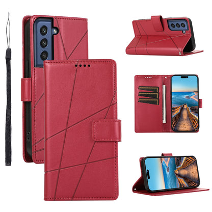 Samsung Galaxy S21 FE 5G PU Genuine Leather Texture Embossed Line Phone Case with Card Wallet, Kickstand & Wrist Strap