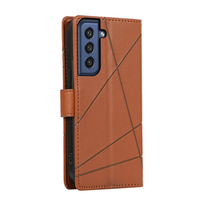 Samsung Galaxy S21 FE 5G PU Genuine Leather Texture Embossed Line Phone Case with Card Wallet, Kickstand & Wrist Strap