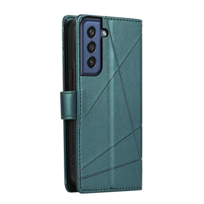 Samsung Galaxy S21 FE 5G PU Genuine Leather Texture Embossed Line Phone Case with Card Wallet, Kickstand & Wrist Strap