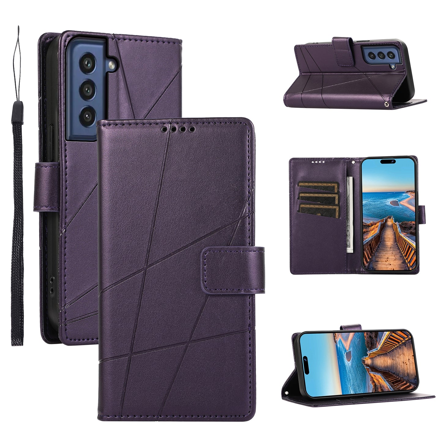 Samsung Galaxy S21 FE 5G PU Genuine Leather Texture Embossed Line Phone Case with Card Wallet, Kickstand & Wrist Strap
