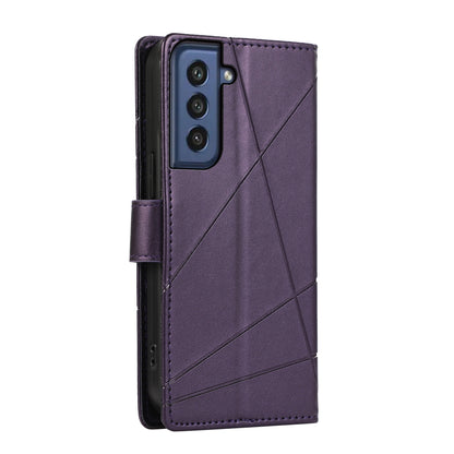 Samsung Galaxy S21 FE 5G PU Genuine Leather Texture Embossed Line Phone Case with Card Wallet, Kickstand & Wrist Strap