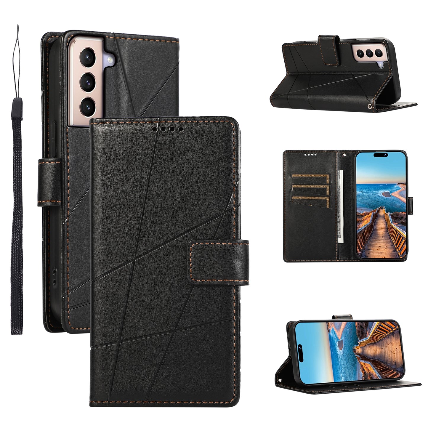 Samsung Galaxy S21+ 5G PU Genuine Leather Texture Embossed Line Phone Case with Card Wallet, Kickstand & Wrist Strap
