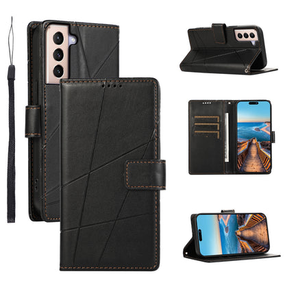 Samsung Galaxy S21+ 5G PU Genuine Leather Texture Embossed Line Phone Case with Card Wallet, Kickstand & Wrist Strap