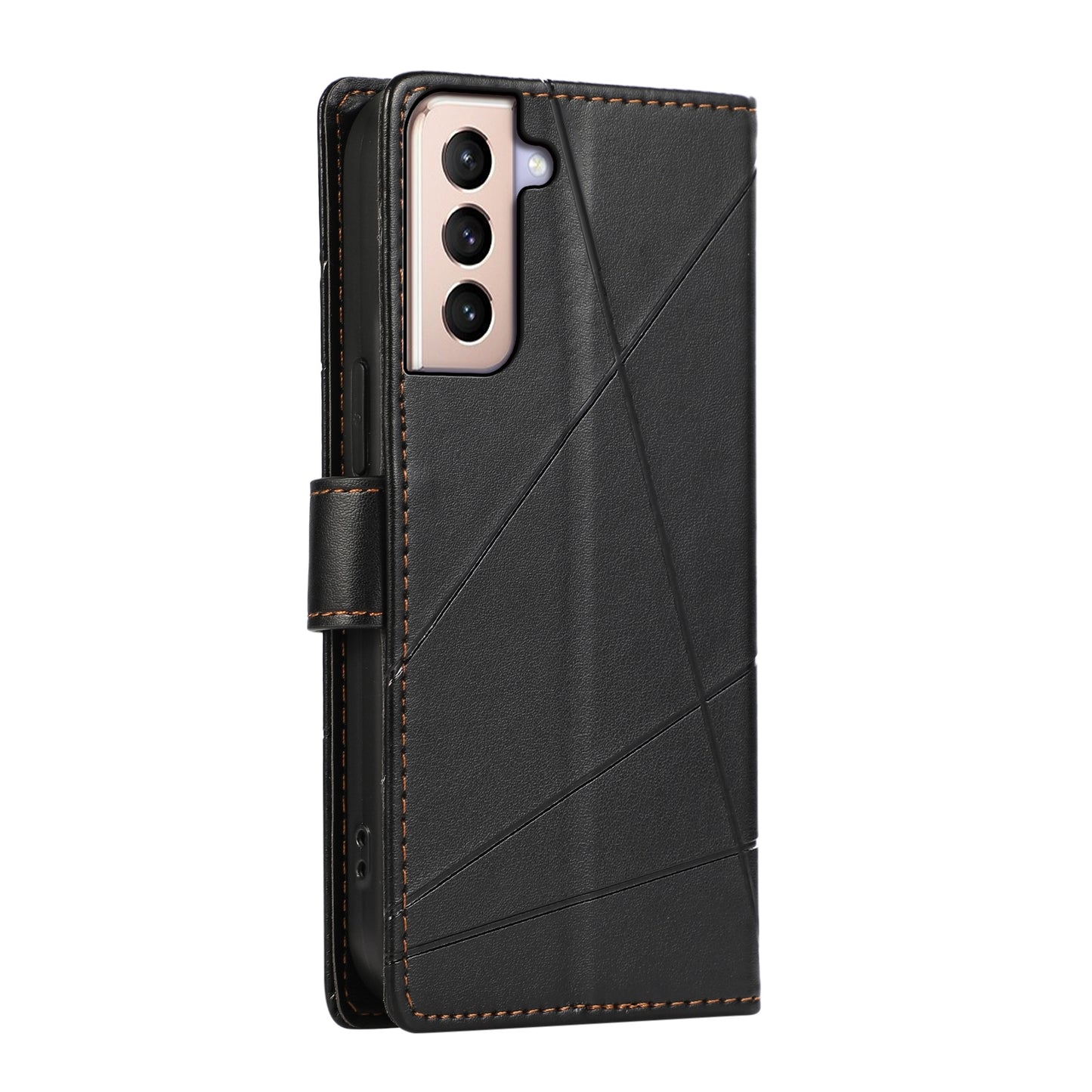 Samsung Galaxy S21+ 5G PU Genuine Leather Texture Embossed Line Phone Case with Card Wallet, Kickstand & Wrist Strap