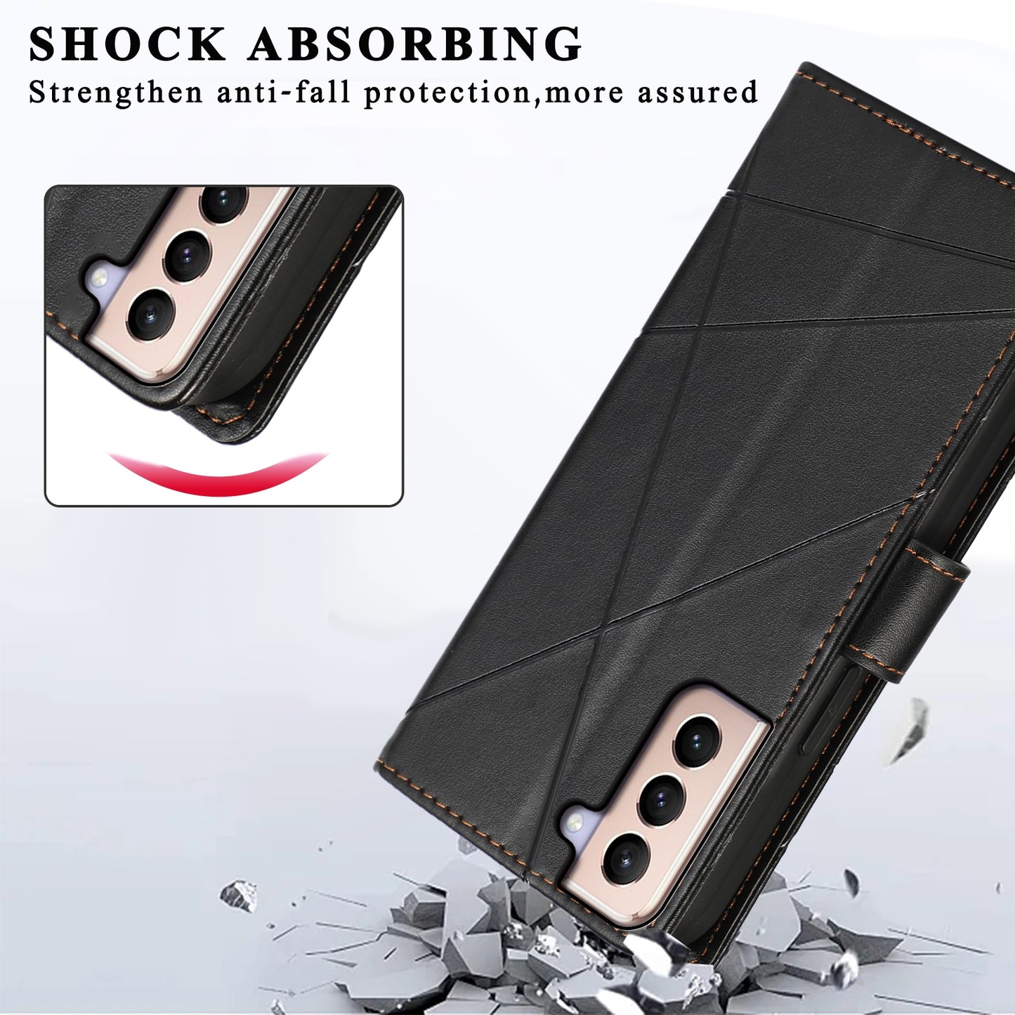 Samsung Galaxy S21+ 5G PU Genuine Leather Texture Embossed Line Phone Case with Card Wallet, Kickstand & Wrist Strap