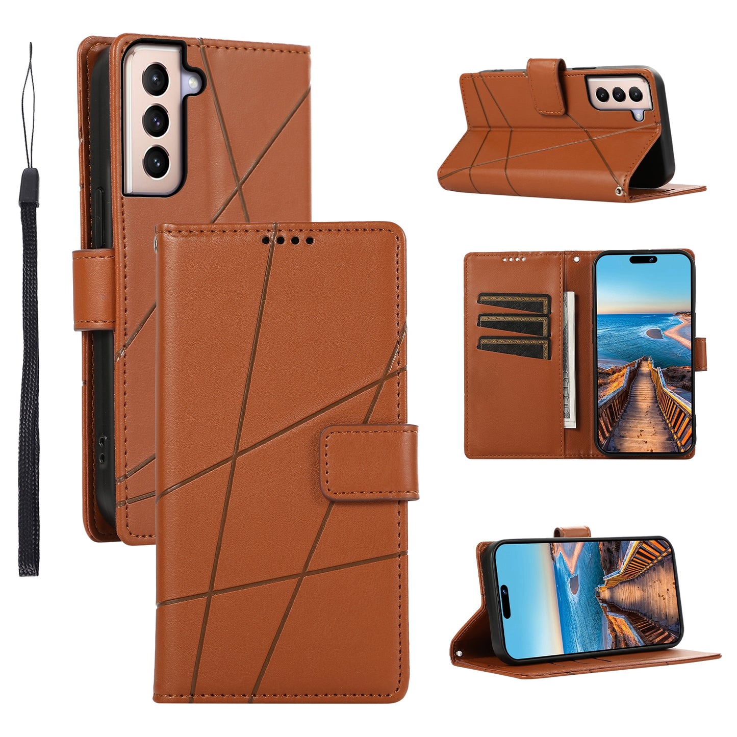 Samsung Galaxy S21+ 5G PU Genuine Leather Texture Embossed Line Phone Case with Card Wallet, Kickstand & Wrist Strap