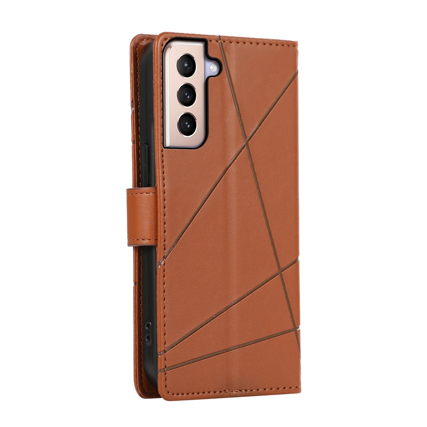 Samsung Galaxy S21+ 5G PU Genuine Leather Texture Embossed Line Phone Case with Card Wallet, Kickstand & Wrist Strap