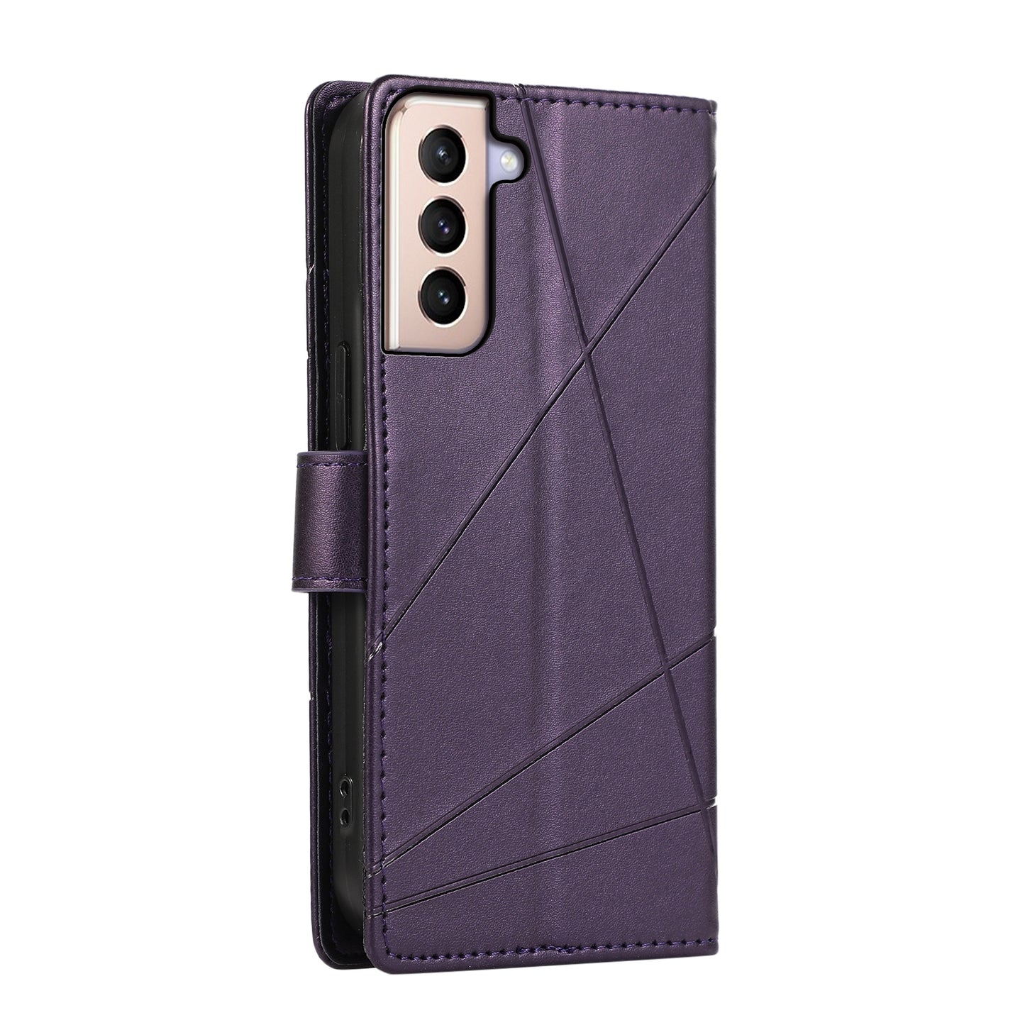 Samsung Galaxy S21+ 5G PU Genuine Leather Texture Embossed Line Phone Case with Card Wallet, Kickstand & Wrist Strap