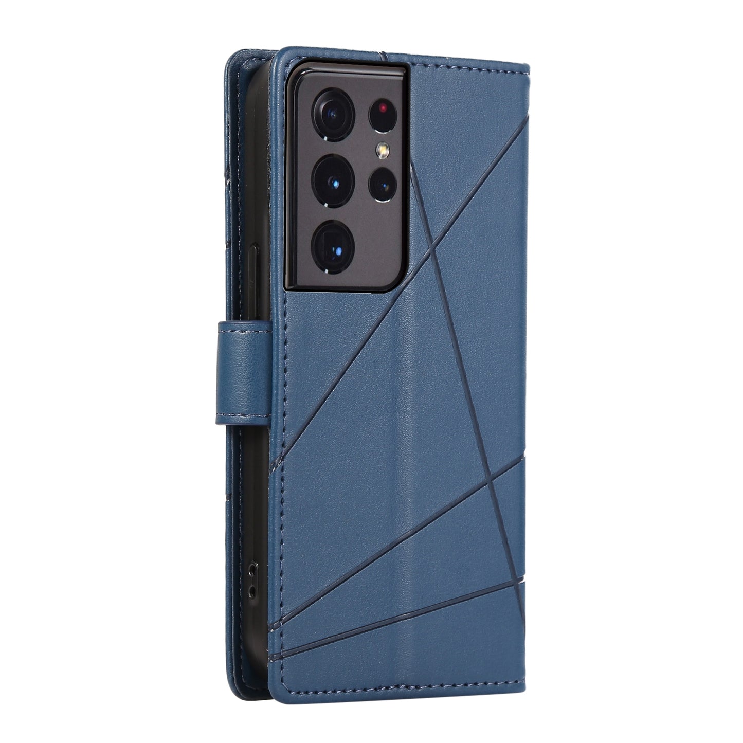 Samsung Galaxy S21 Ultra 5G PU Genuine Leather Texture Embossed Line Phone Case with Card Wallet, Kickstand & Wrist Strap