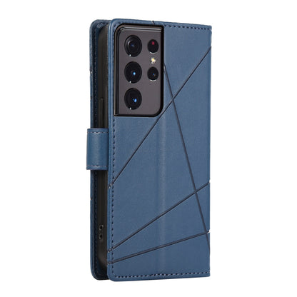 Samsung Galaxy S21 Ultra 5G PU Genuine Leather Texture Embossed Line Phone Case with Card Wallet, Kickstand & Wrist Strap