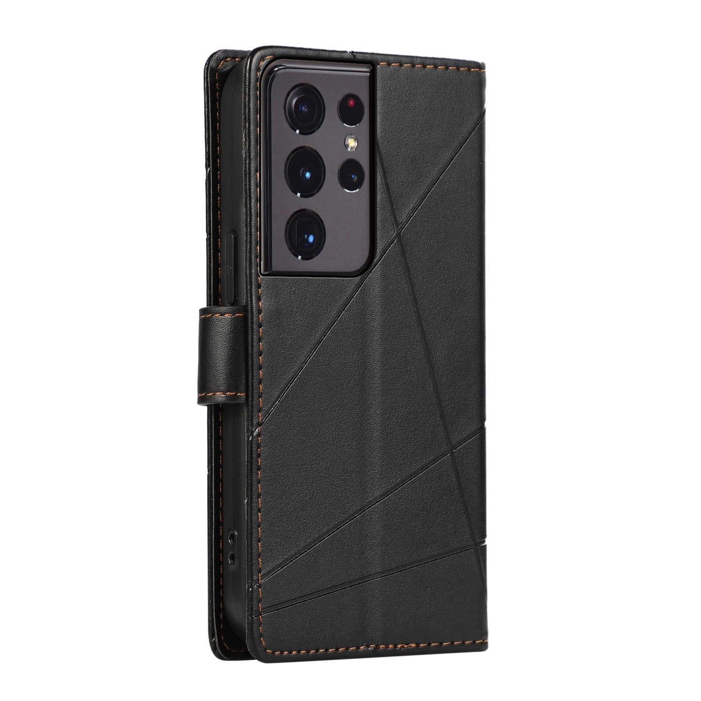 Samsung Galaxy S21 Ultra 5G PU Genuine Leather Texture Embossed Line Phone Case with Card Wallet, Kickstand & Wrist Strap