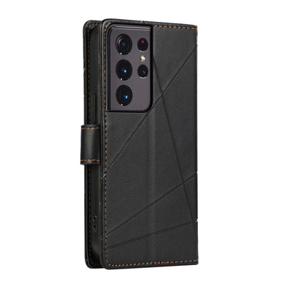Samsung Galaxy S21 Ultra 5G PU Genuine Leather Texture Embossed Line Phone Case with Card Wallet, Kickstand & Wrist Strap