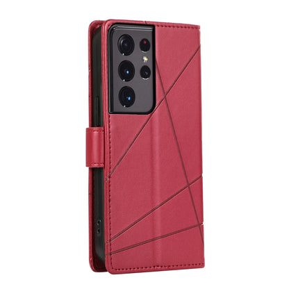 Samsung Galaxy S21 Ultra 5G PU Genuine Leather Texture Embossed Line Phone Case with Card Wallet, Kickstand & Wrist Strap
