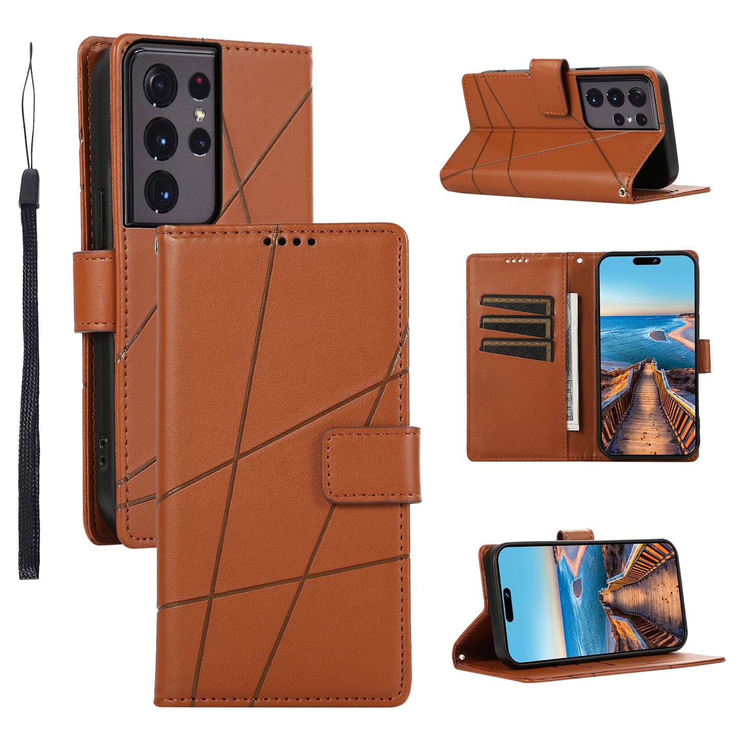 Samsung Galaxy S21 Ultra 5G PU Genuine Leather Texture Embossed Line Phone Case with Card Wallet, Kickstand & Wrist Strap