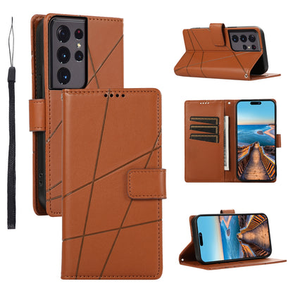 Samsung Galaxy S21 Ultra 5G PU Genuine Leather Texture Embossed Line Phone Case with Card Wallet, Kickstand & Wrist Strap