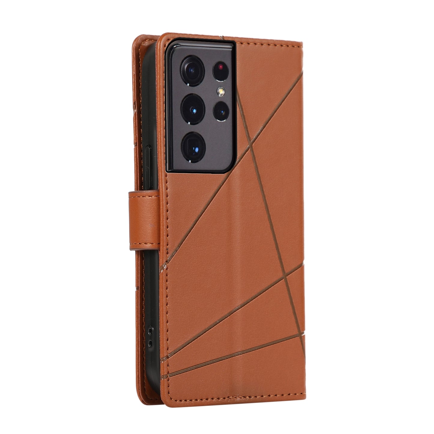 Samsung Galaxy S21 Ultra 5G PU Genuine Leather Texture Embossed Line Phone Case with Card Wallet, Kickstand & Wrist Strap