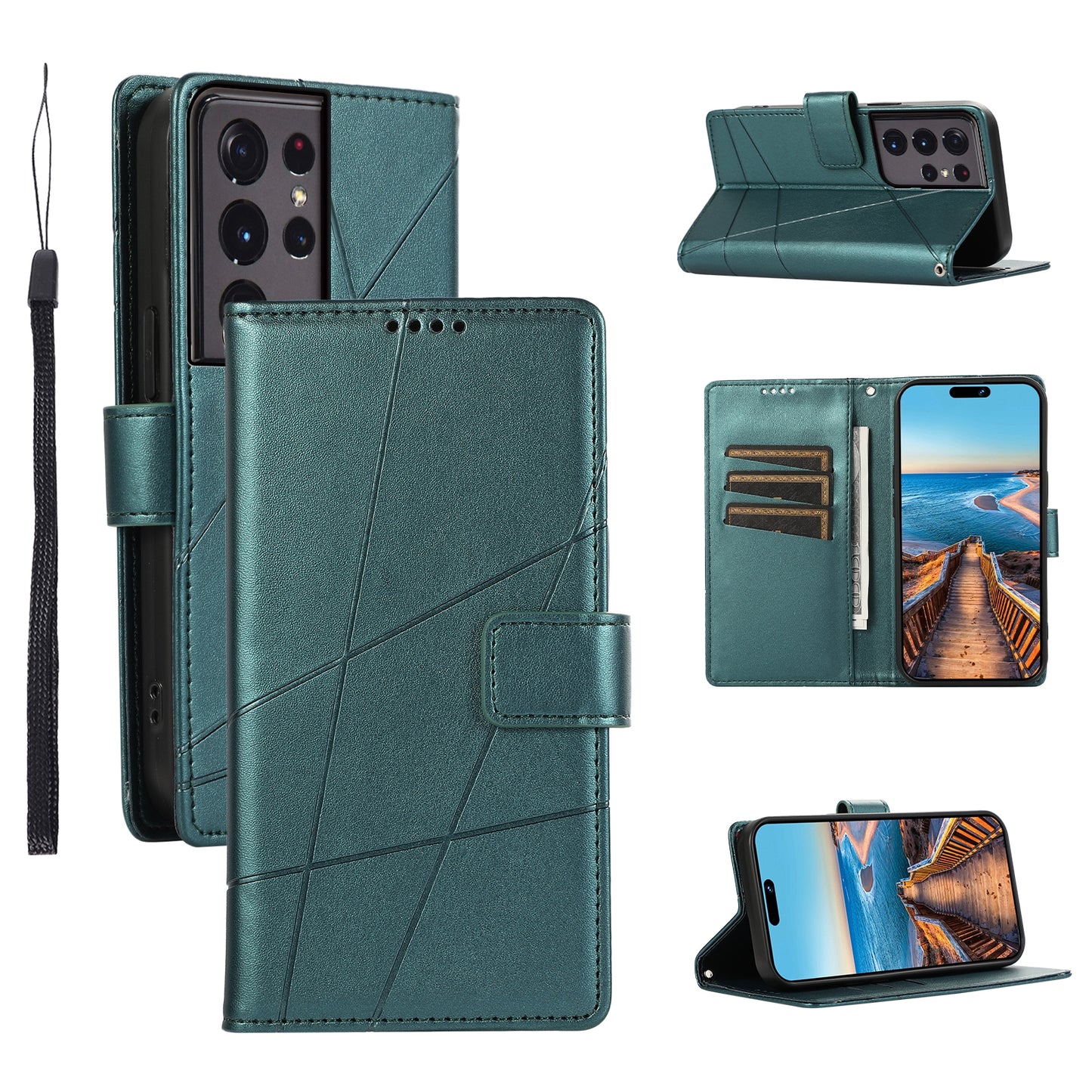 Samsung Galaxy S21 Ultra 5G PU Genuine Leather Texture Embossed Line Phone Case with Card Wallet, Kickstand & Wrist Strap