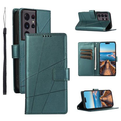 Samsung Galaxy S21 Ultra 5G PU Genuine Leather Texture Embossed Line Phone Case with Card Wallet, Kickstand & Wrist Strap