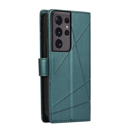 Samsung Galaxy S21 Ultra 5G PU Genuine Leather Texture Embossed Line Phone Case with Card Wallet, Kickstand & Wrist Strap