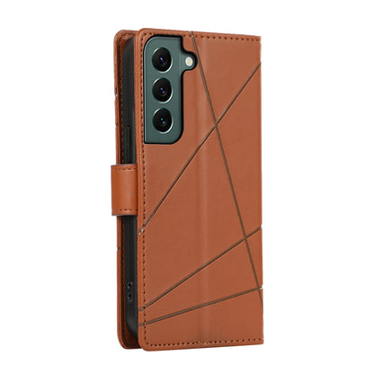 Samsung Galaxy S22 5G PU Genuine Leather Texture Embossed Line Phone Case with Card Wallet, Kickstand & Wrist Strap