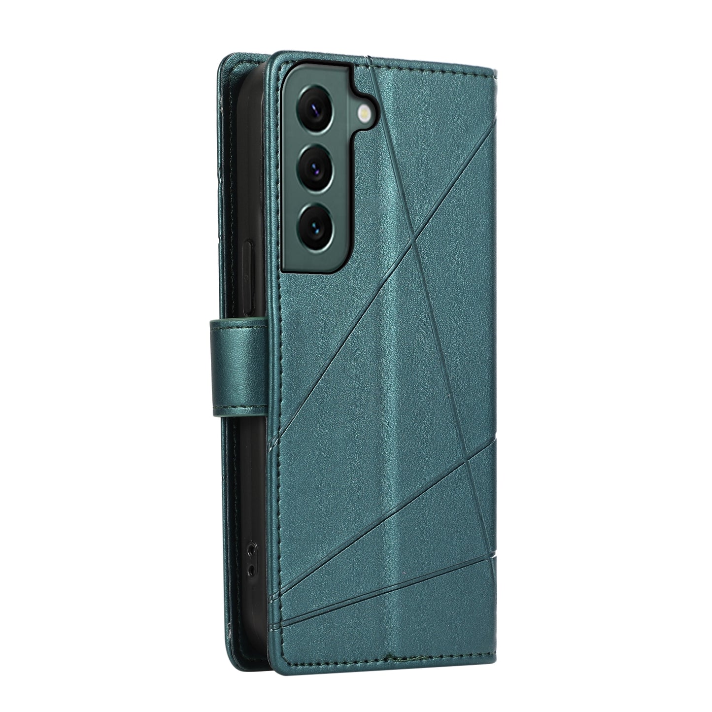 Samsung Galaxy S22 5G PU Genuine Leather Texture Embossed Line Phone Case with Card Wallet, Kickstand & Wrist Strap