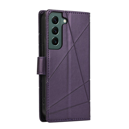 Samsung Galaxy S22 5G PU Genuine Leather Texture Embossed Line Phone Case with Card Wallet, Kickstand & Wrist Strap