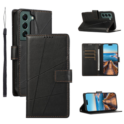 Samsung Galaxy S22+ 5G PU Genuine Leather Texture Embossed Line Phone Case with Card Wallet, Kickstand & Wrist Strap
