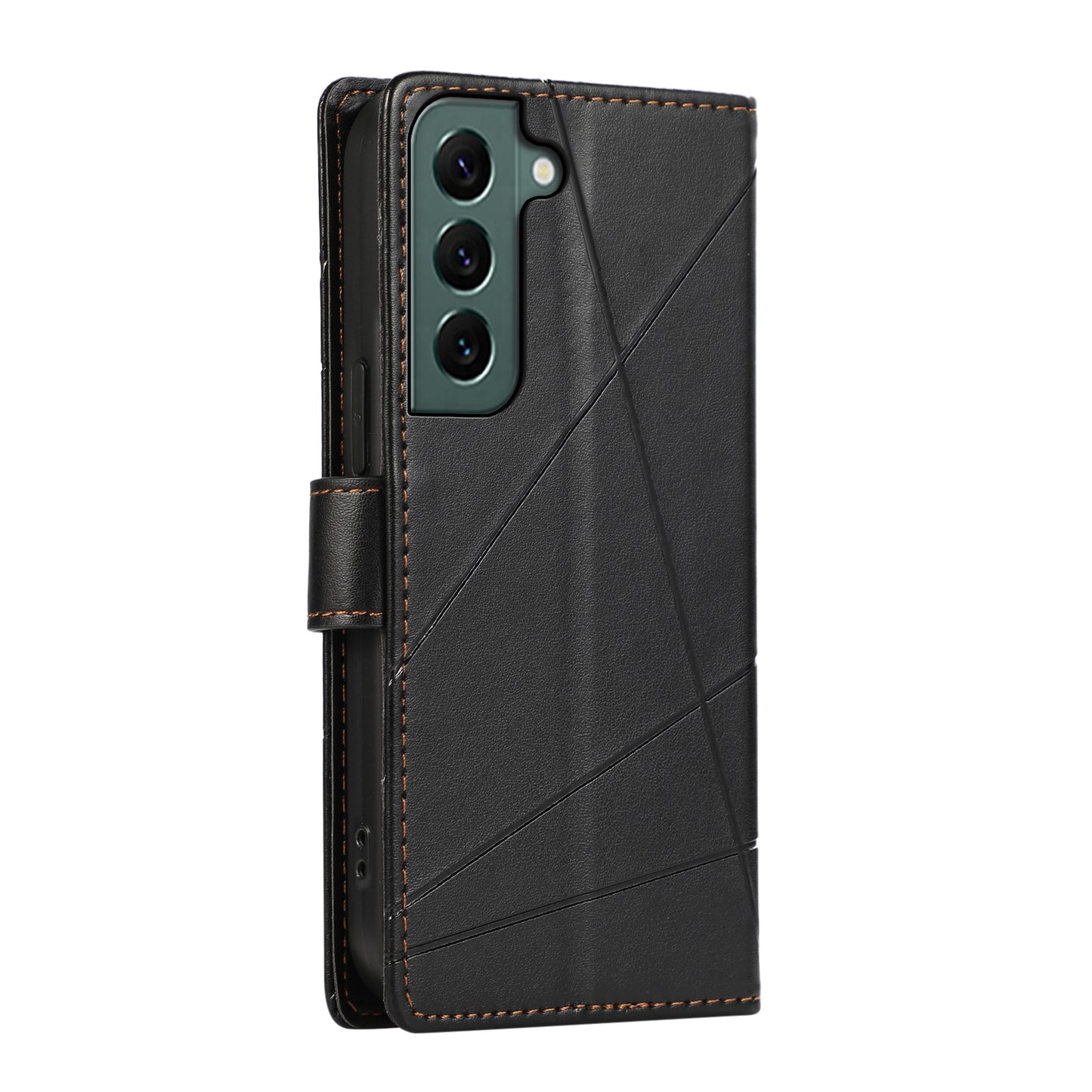 Samsung Galaxy S22+ 5G PU Genuine Leather Texture Embossed Line Phone Case with Card Wallet, Kickstand & Wrist Strap