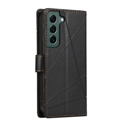 Samsung Galaxy S22+ 5G PU Genuine Leather Texture Embossed Line Phone Case with Card Wallet, Kickstand & Wrist Strap