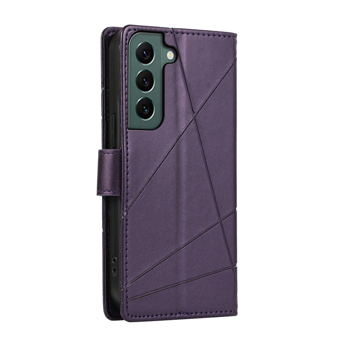 Samsung Galaxy S22+ 5G PU Genuine Leather Texture Embossed Line Phone Case with Card Wallet, Kickstand & Wrist Strap