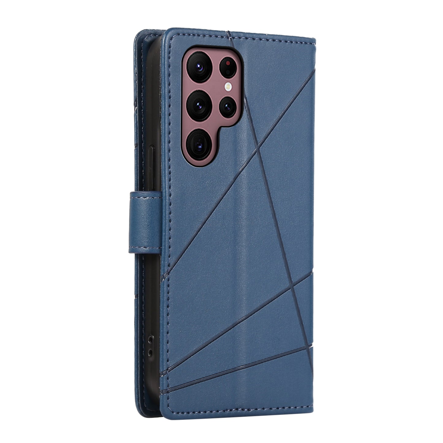 Samsung Galaxy S22 Ultra 5G PU Genuine Leather Texture Embossed Line Phone Case with Card Wallet, Kickstand & Wrist Strap