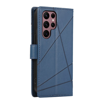 Samsung Galaxy S22 Ultra 5G PU Genuine Leather Texture Embossed Line Phone Case with Card Wallet, Kickstand & Wrist Strap
