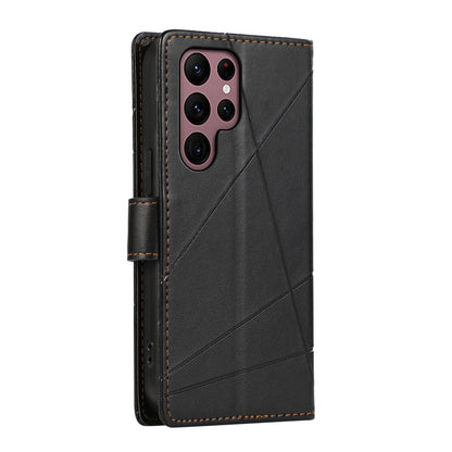 Samsung Galaxy S22 Ultra 5G PU Genuine Leather Texture Embossed Line Phone Case with Card Wallet, Kickstand & Wrist Strap