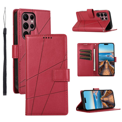 Samsung Galaxy S22 Ultra 5G PU Genuine Leather Texture Embossed Line Phone Case with Card Wallet, Kickstand & Wrist Strap