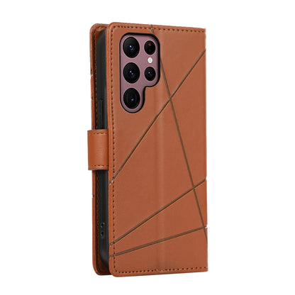 Samsung Galaxy S22 Ultra 5G PU Genuine Leather Texture Embossed Line Phone Case with Card Wallet, Kickstand & Wrist Strap
