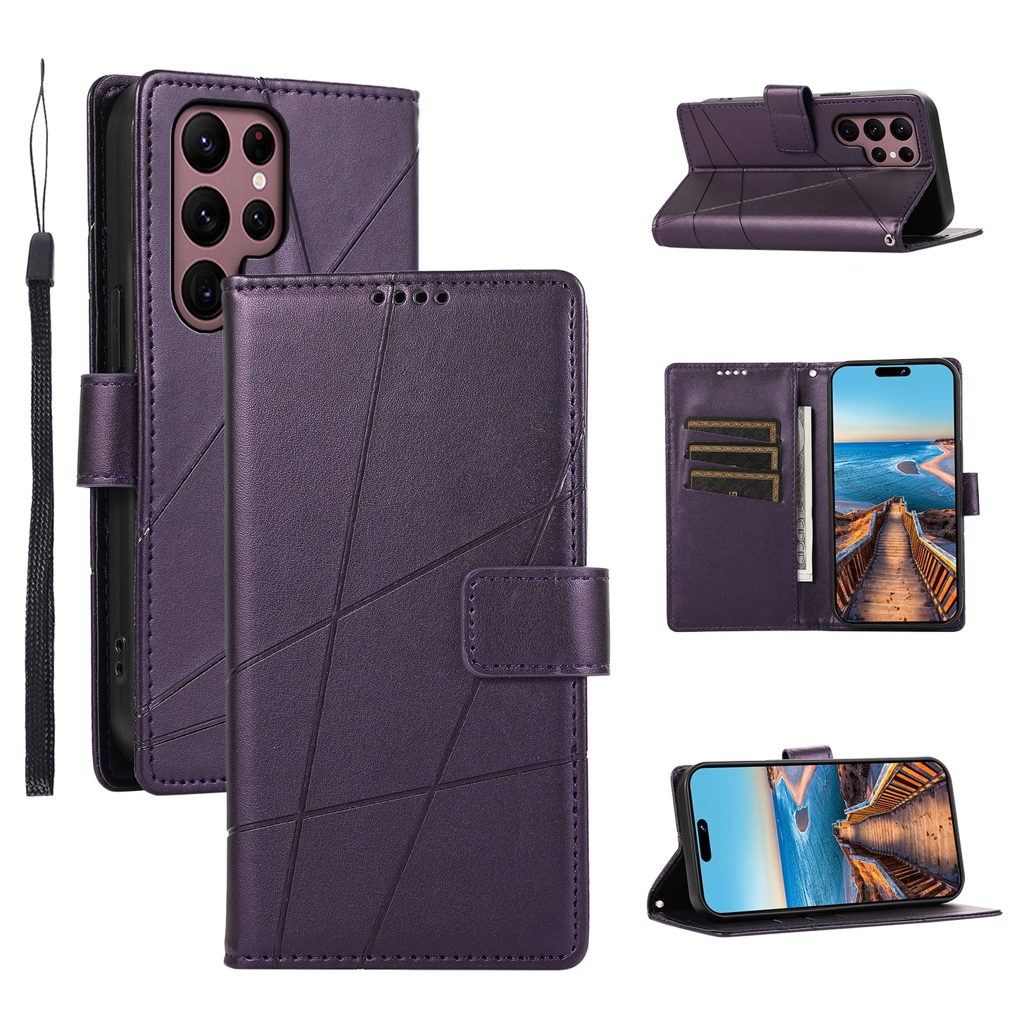 Samsung Galaxy S22 Ultra 5G PU Genuine Leather Texture Embossed Line Phone Case with Card Wallet, Kickstand & Wrist Strap