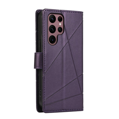 Samsung Galaxy S22 Ultra 5G PU Genuine Leather Texture Embossed Line Phone Case with Card Wallet, Kickstand & Wrist Strap