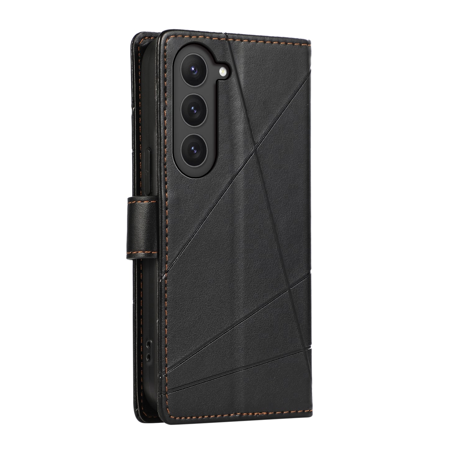 Samsung Galaxy S23 5G PU Genuine Leather Texture Embossed Line Phone Case with Card Wallet, Kickstand & Wrist Strap