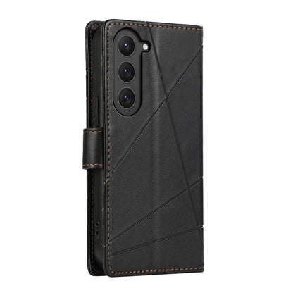 Samsung Galaxy S23 5G PU Genuine Leather Texture Embossed Line Phone Case with Card Wallet, Kickstand & Wrist Strap