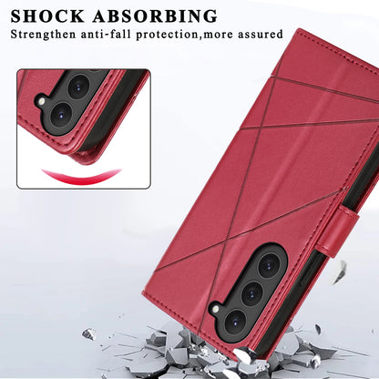 Samsung Galaxy S23 5G PU Genuine Leather Texture Embossed Line Phone Case with Card Wallet, Kickstand & Wrist Strap
